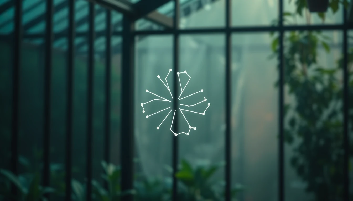 Abstract botanical cell symbol over a greenhouse interior